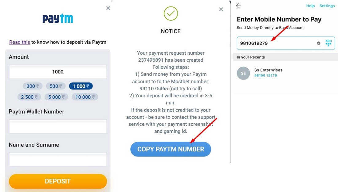 Minimum deposit in Mostbet by Paytm