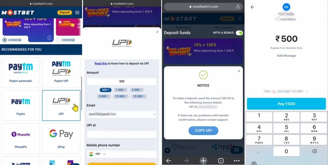 UPI payment service at Mostbet