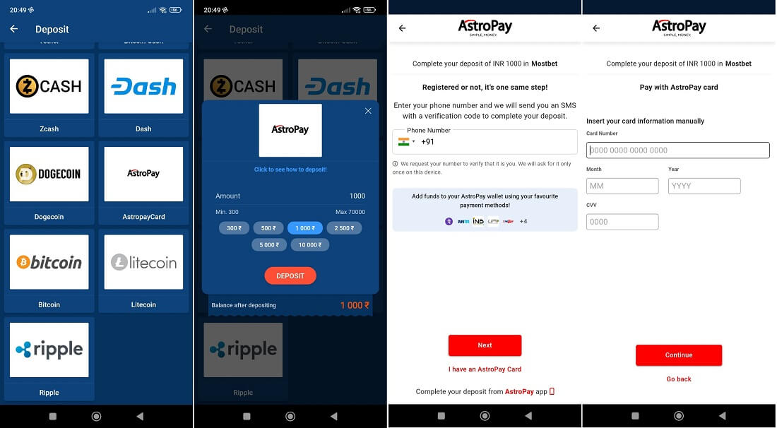 AstroPay payment sistem at Mostbet