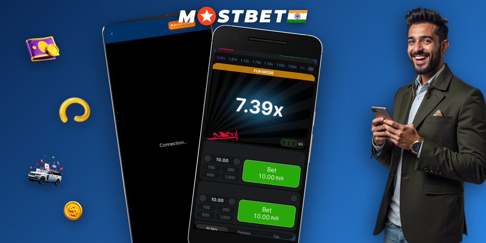 Mostbet Aviator game screen showing red plane mid-flight with cash-out button