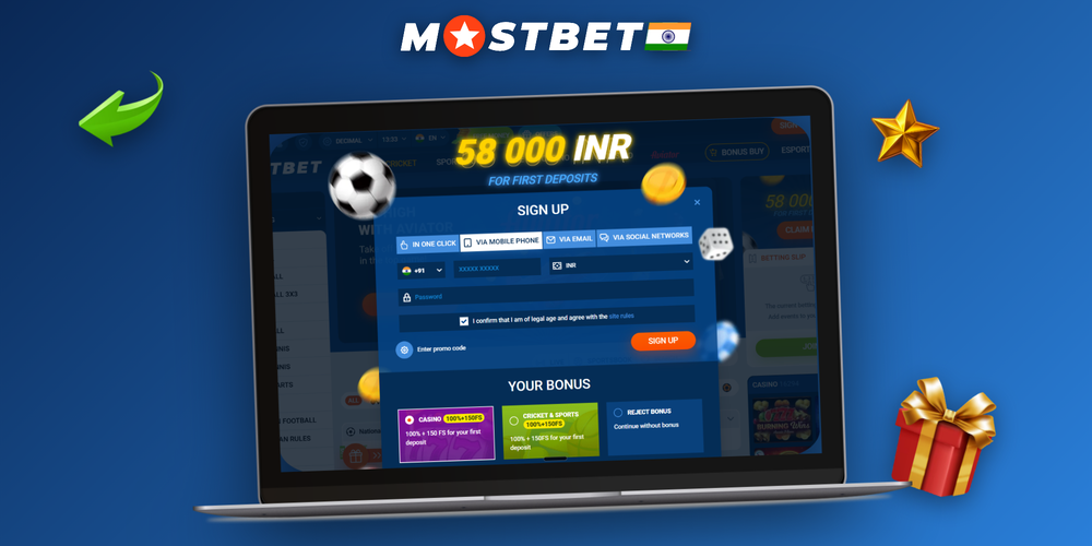 Mostbet registration form on laptop with promocode BETBONUSIN entered in the promo field
