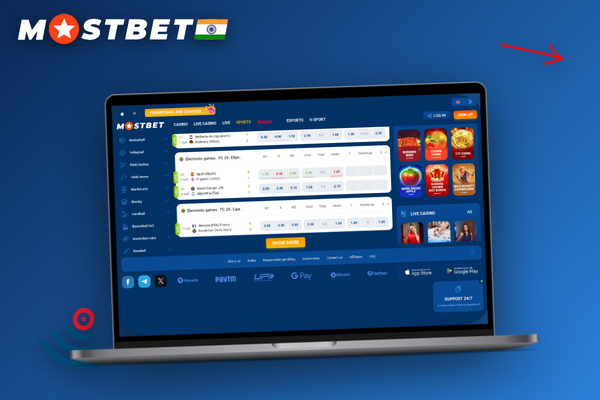 Mostbet sign in split screen showing login form on laptop and fingerprint prompt on phone